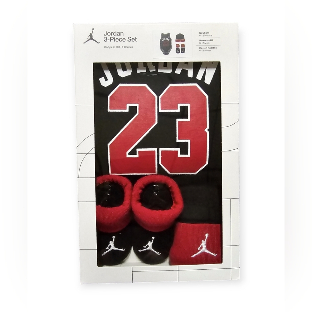 Baby Jordan 6-12 Month Boy Bodysuit, Hat and Booties Onesie Shoe Gift Box